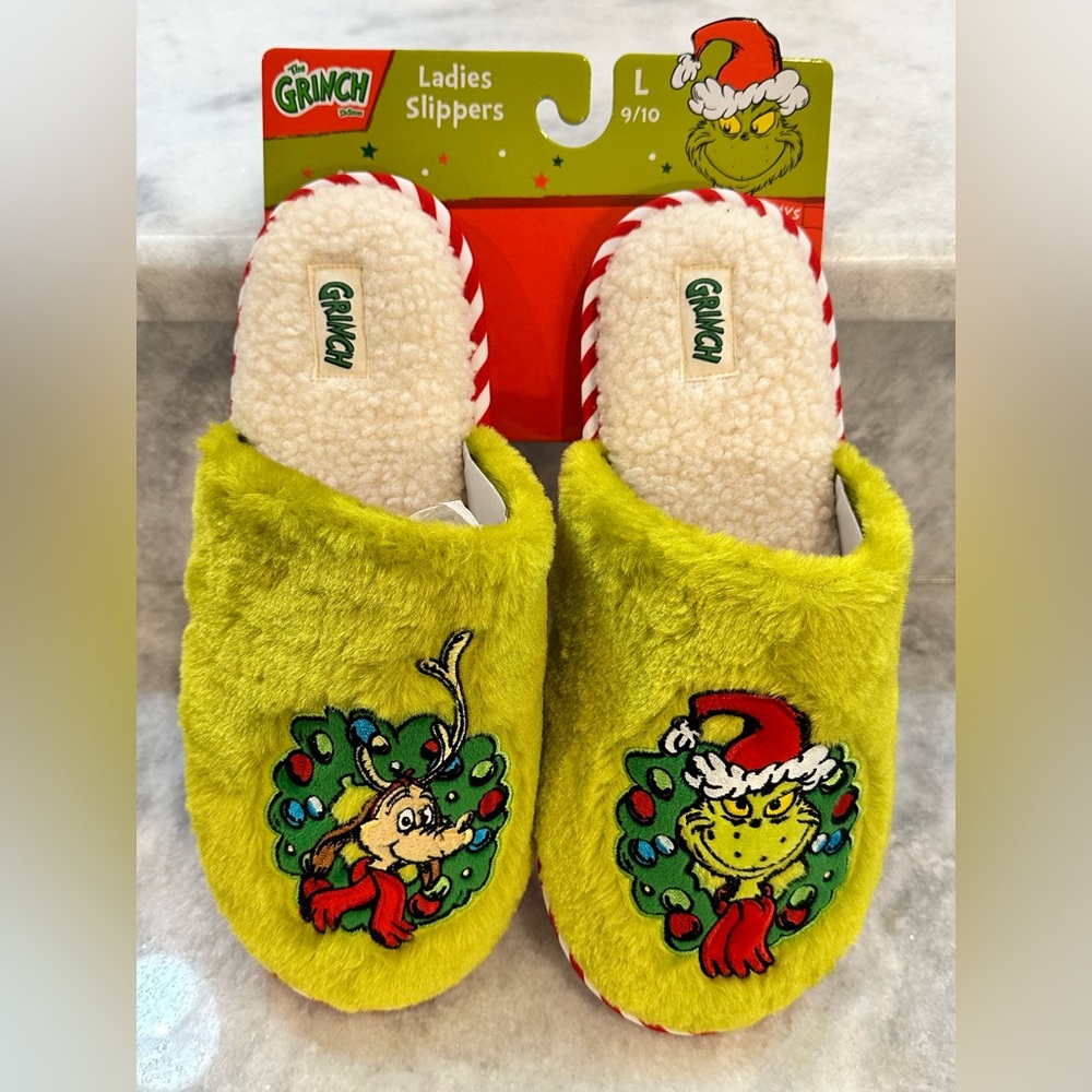 Grinch Ladies Slippers with Embroidery Front Design by Dr. Seuss, Large (9/10)